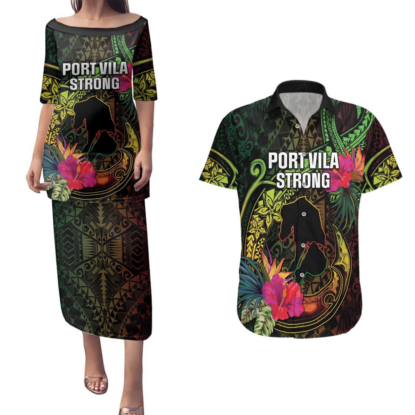 Vanuatu Couples Matching Puletasi and Hawaiian Shirt Be Strong Pray For Port Vila LT05 Black - Polynesian Pride