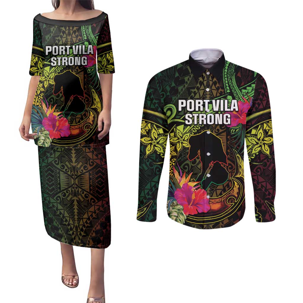 Vanuatu Couples Matching Puletasi and Long Sleeve Button Shirt Be Strong Pray For Port Vila LT05 Black - Polynesian Pride