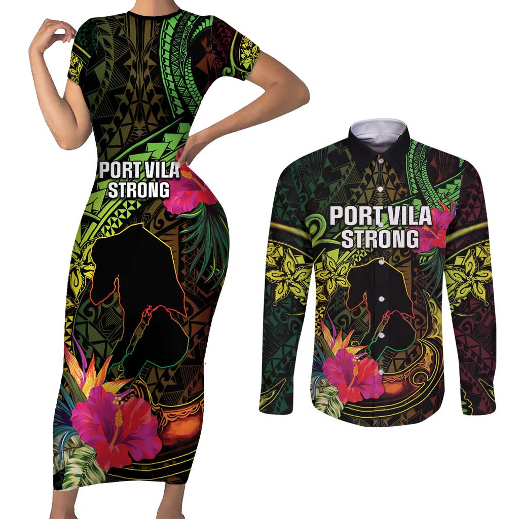 Vanuatu Couples Matching Short Sleeve Bodycon Dress and Long Sleeve Button Shirt Be Strong Pray For Port Vila LT05 Black - Polynesian Pride