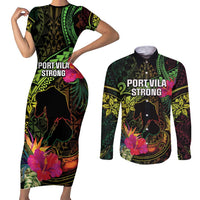 Vanuatu Couples Matching Short Sleeve Bodycon Dress and Long Sleeve Button Shirt Be Strong Pray For Port Vila LT05 Black - Polynesian Pride