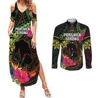 Vanuatu Couples Matching Summer Maxi Dress and Long Sleeve Button Shirt Be Strong Pray For Port Vila LT05 Black - Polynesian Pride