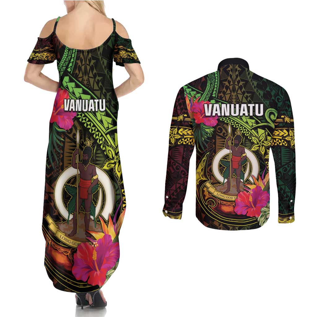 Vanuatu Couples Matching Summer Maxi Dress and Long Sleeve Button Shirt Be Strong Pray For Port Vila LT05 - Polynesian Pride