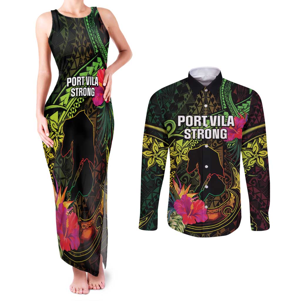 Vanuatu Couples Matching Tank Maxi Dress and Long Sleeve Button Shirt Be Strong Pray For Port Vila LT05 Black - Polynesian Pride