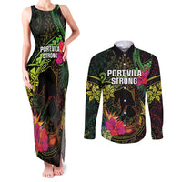 Vanuatu Couples Matching Tank Maxi Dress and Long Sleeve Button Shirt Be Strong Pray For Port Vila LT05 Black - Polynesian Pride