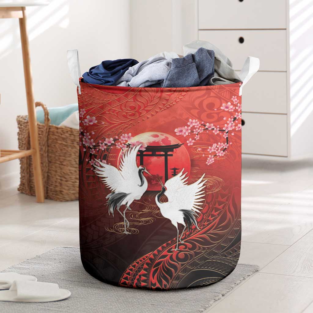 Hawaii and Japan Together Laundry Basket Polynesian Art Tattoo With Cranes And Sakura LT05 Red - Polynesian Pride