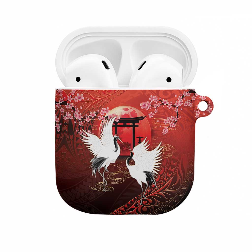 Hawaii and Japan Together AirPods Case Polynesian Art Tattoo With Cranes And Sakura LT05 Red - Polynesian Pride