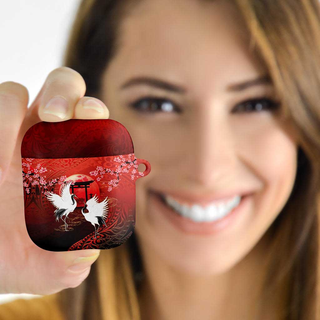 Hawaii and Japan Together AirPods Case Polynesian Art Tattoo With Cranes And Sakura LT05 - Polynesian Pride