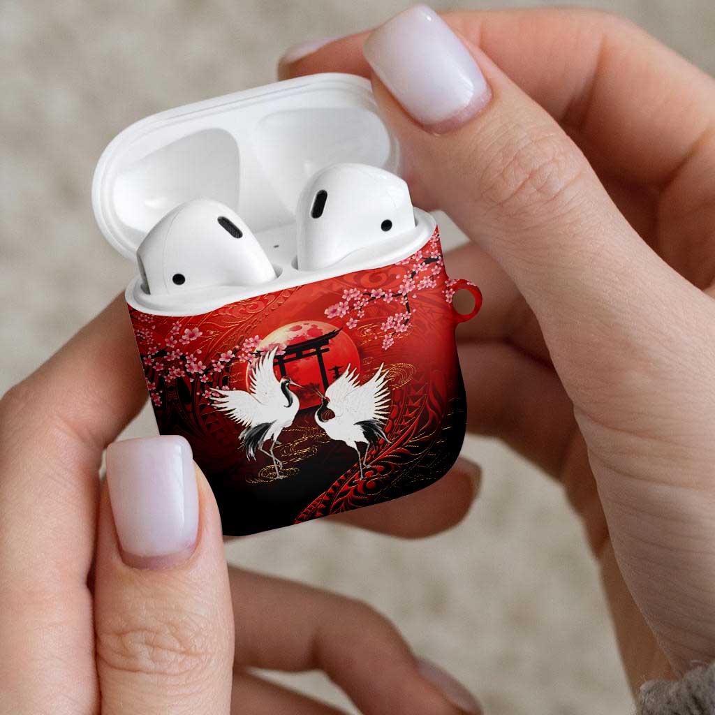 Hawaii and Japan Together AirPods Case Polynesian Art Tattoo With Cranes And Sakura LT05 - Polynesian Pride