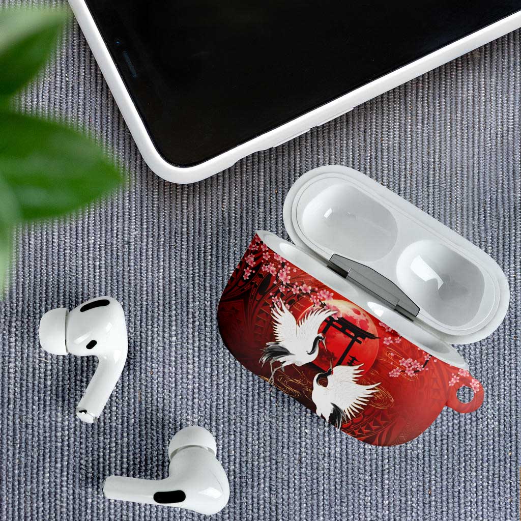 Hawaii and Japan Together AirPods Case Polynesian Art Tattoo With Cranes And Sakura LT05 - Polynesian Pride