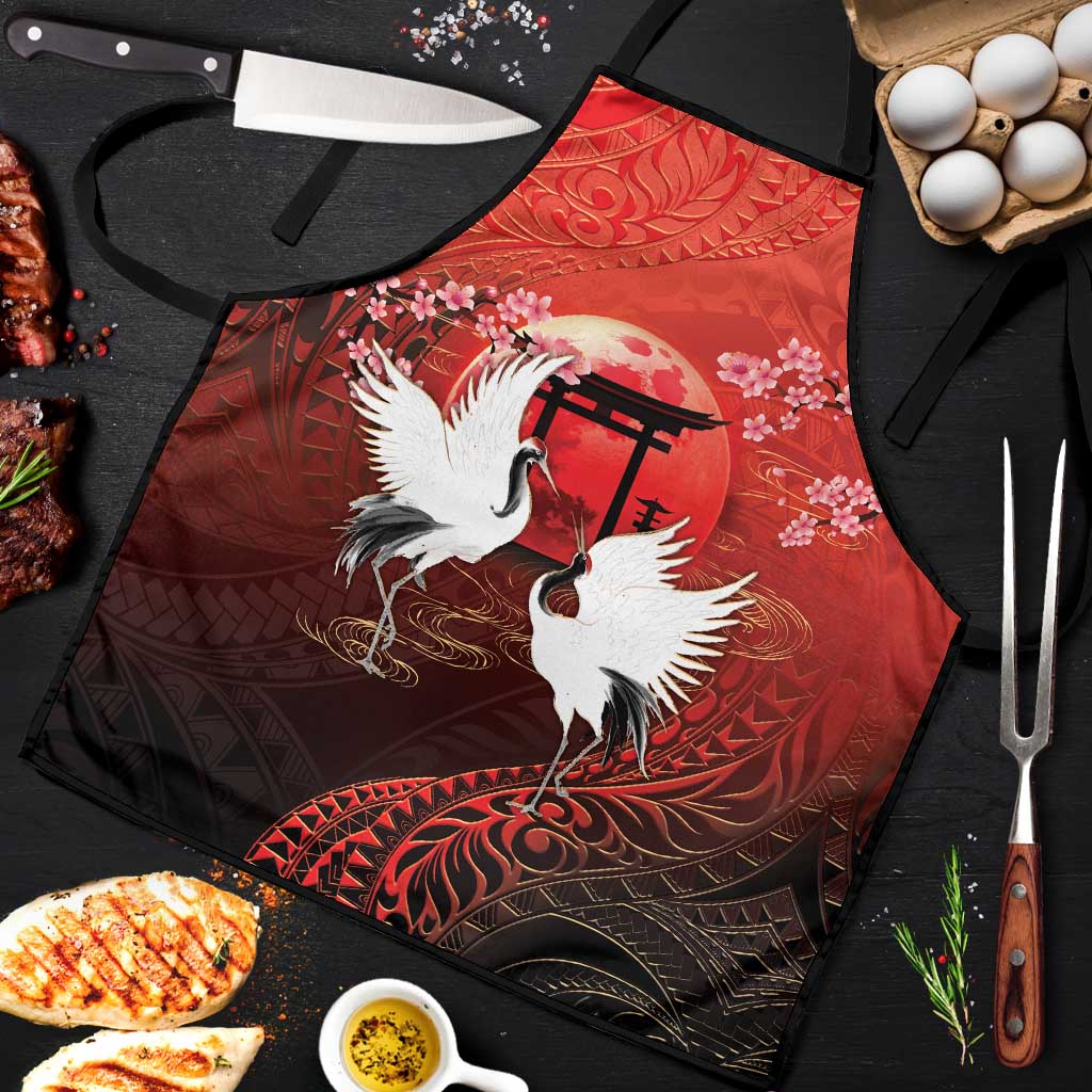 Hawaii and Japan Together Apron Polynesian Art Tattoo With Cranes And Sakura LT05 Red - Polynesian Pride