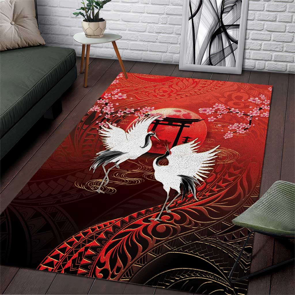 Hawaii and Japan Together Area Rug Polynesian Art Tattoo With Cranes And Sakura - Polynesian Pride