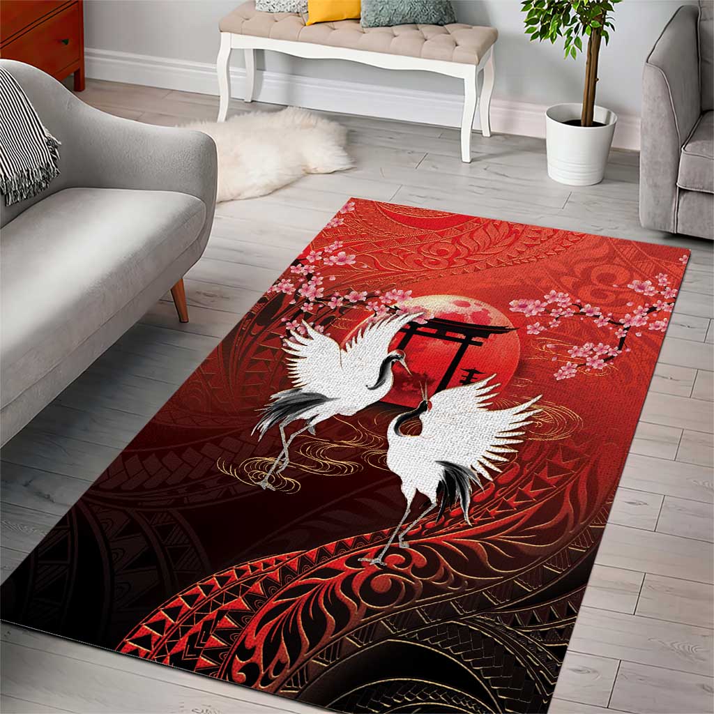 Hawaii and Japan Together Area Rug Polynesian Art Tattoo With Cranes And Sakura - Polynesian Pride