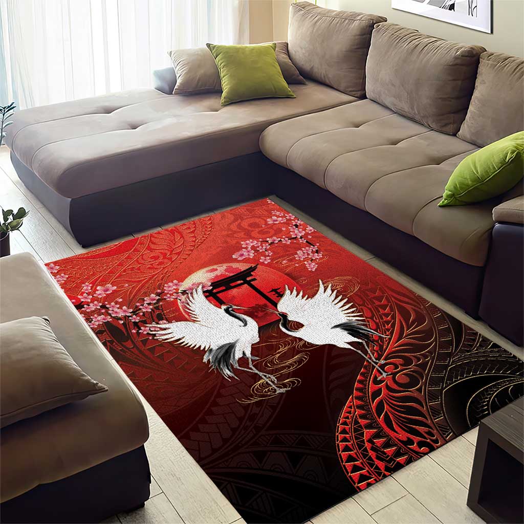 Hawaii and Japan Together Area Rug Polynesian Art Tattoo With Cranes And Sakura - Polynesian Pride