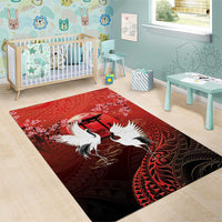 Hawaii and Japan Together Area Rug Polynesian Art Tattoo With Cranes And Sakura - Polynesian Pride