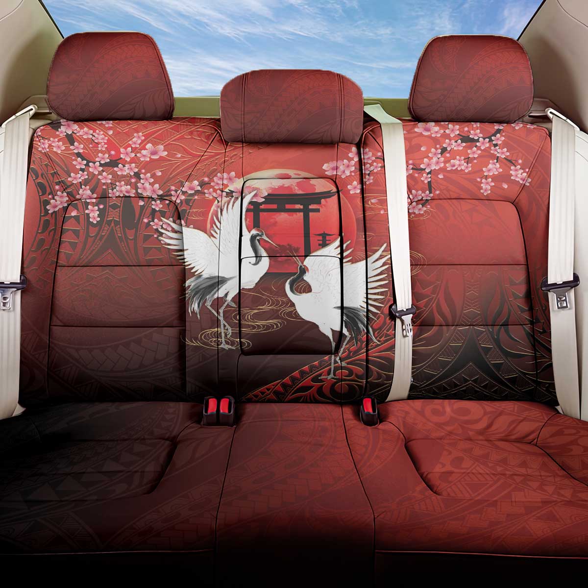 Hawaii and Japan Together Back Car Seat Cover Polynesian Art Tattoo With Cranes And Sakura LT05 One Size Red - Polynesian Pride