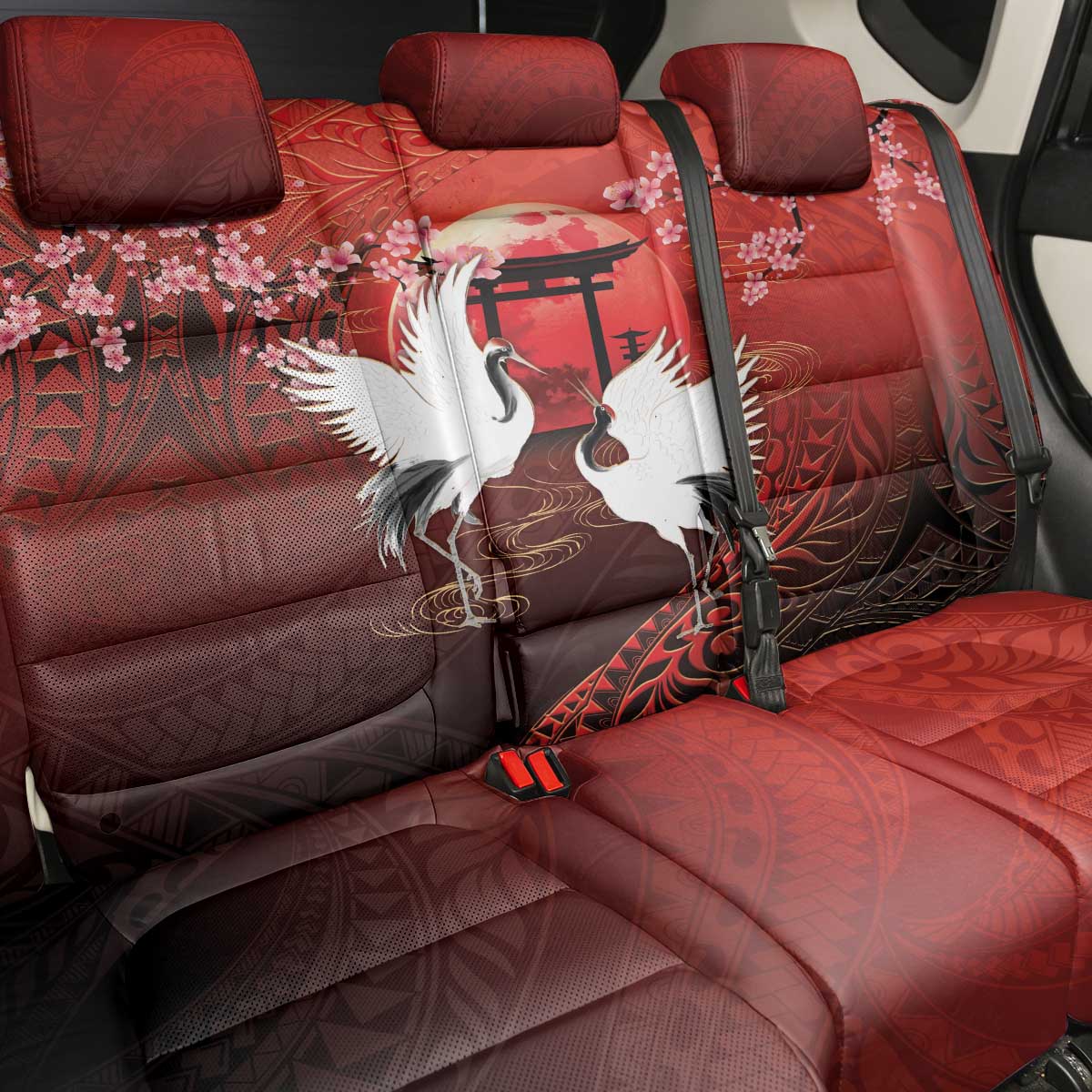 Hawaii and Japan Together Back Car Seat Cover Polynesian Art Tattoo With Cranes And Sakura LT05 - Polynesian Pride