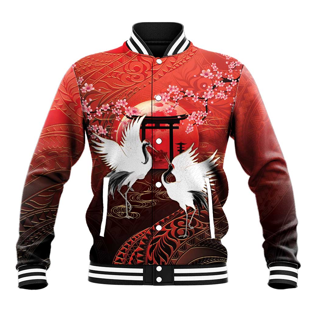 Hawaii and Japan Together Baseball Jacket Polynesian Art Tattoo With Cranes And Sakura LT05 Unisex Red - Polynesian Pride