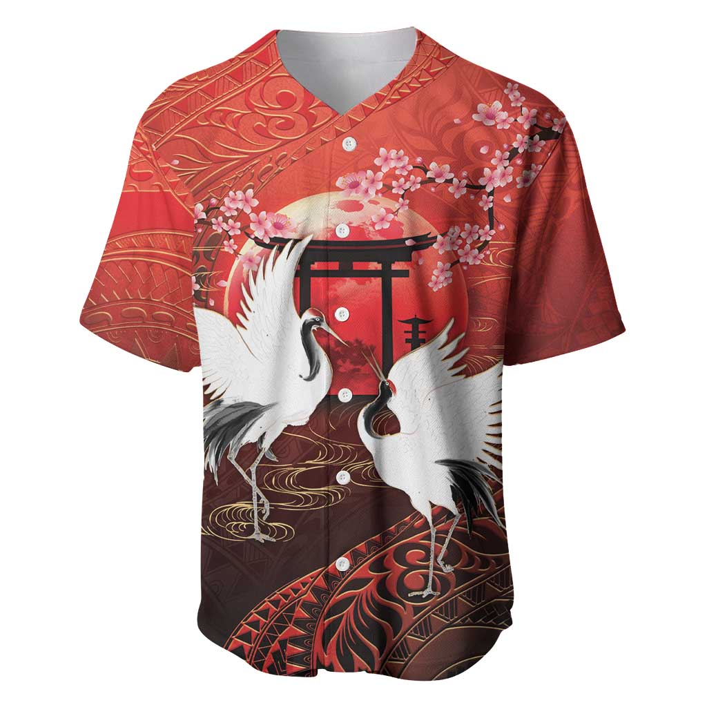 Hawaii and Japan Together Baseball Jersey Polynesian Art Tattoo With Cranes And Sakura LT05 Red - Polynesian Pride
