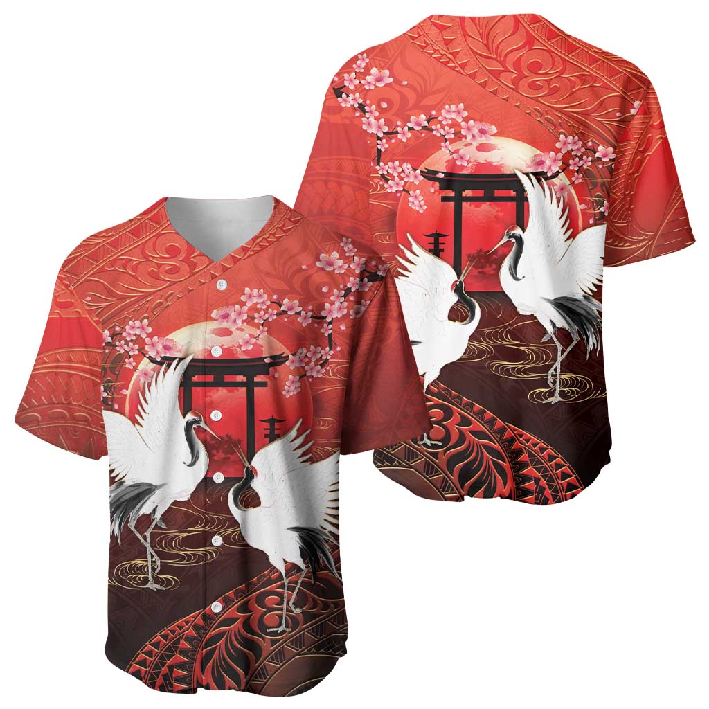 Hawaii and Japan Together Baseball Jersey Polynesian Art Tattoo With Cranes And Sakura LT05 - Polynesian Pride