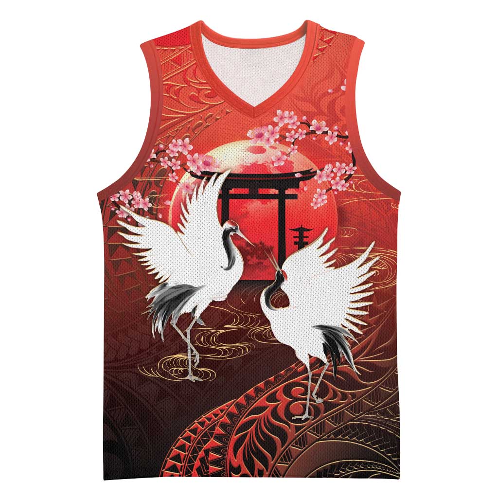 Hawaii and Japan Together Basketball Jersey Polynesian Art Tattoo With Cranes And Sakura LT05 Unisex Red - Polynesian Pride