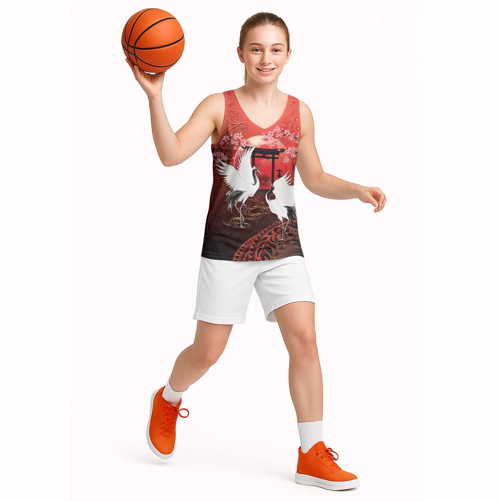 Hawaii and Japan Together Basketball Jersey Polynesian Art Tattoo With Cranes And Sakura - Polynesian Pride