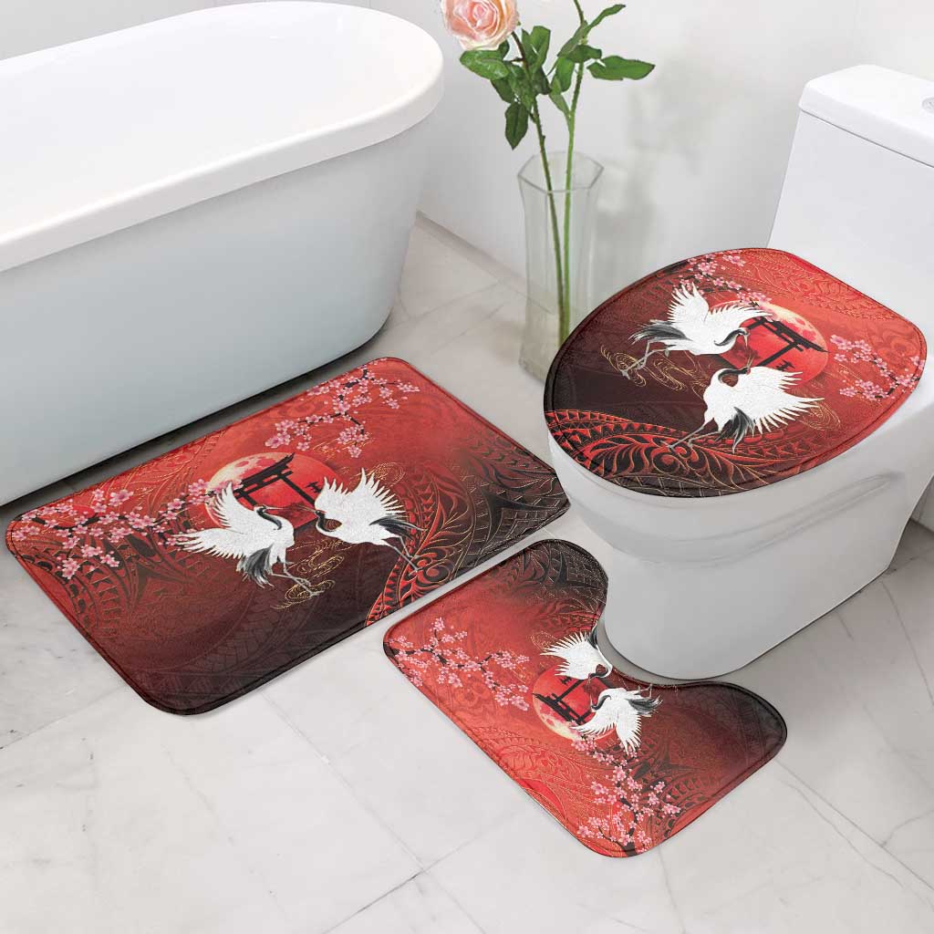 Hawaii and Japan Together Bathroom Set Polynesian Art Tattoo With Cranes And Sakura - Polynesian Pride