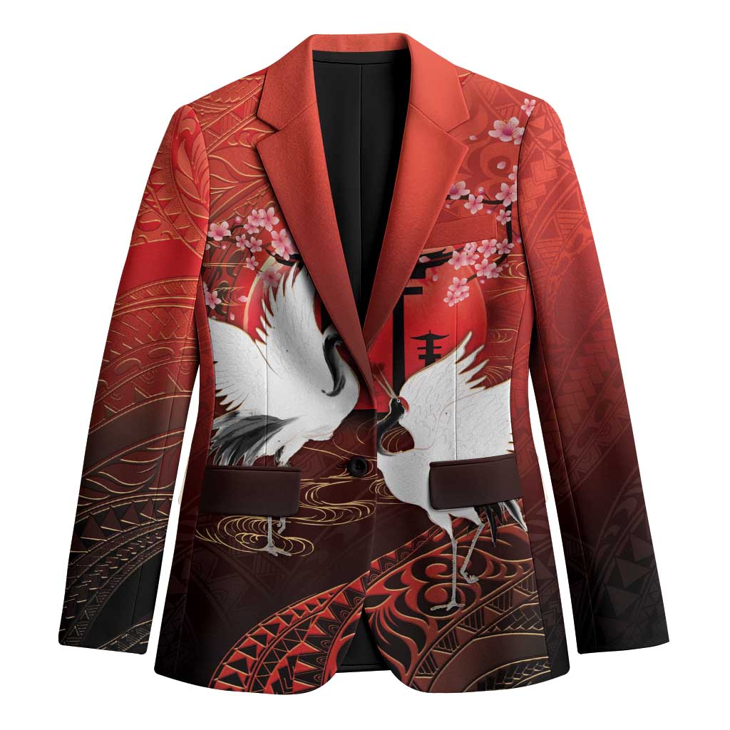 Hawaii and Japan Together Blazer Polynesian Art Tattoo With Cranes And Sakura - Polynesian Pride