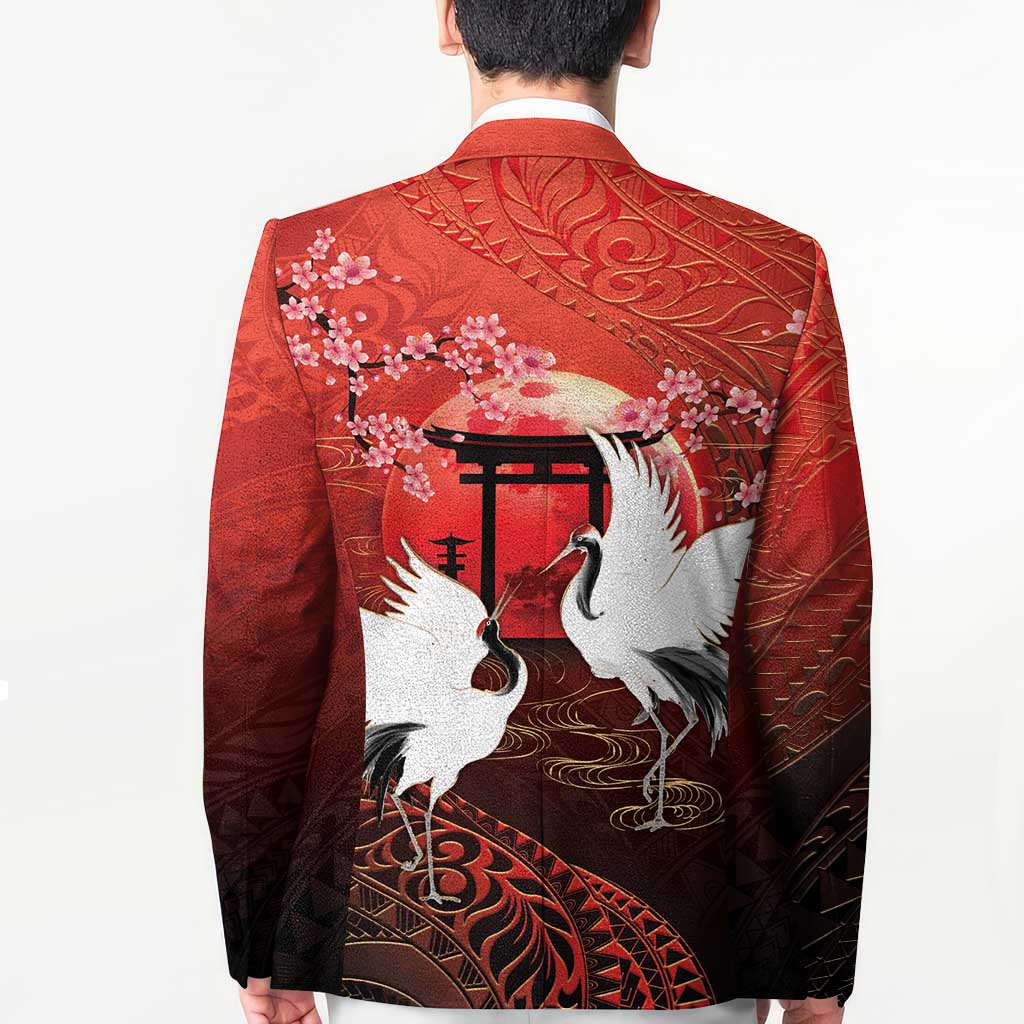 Hawaii and Japan Together Blazer Polynesian Art Tattoo With Cranes And Sakura - Polynesian Pride