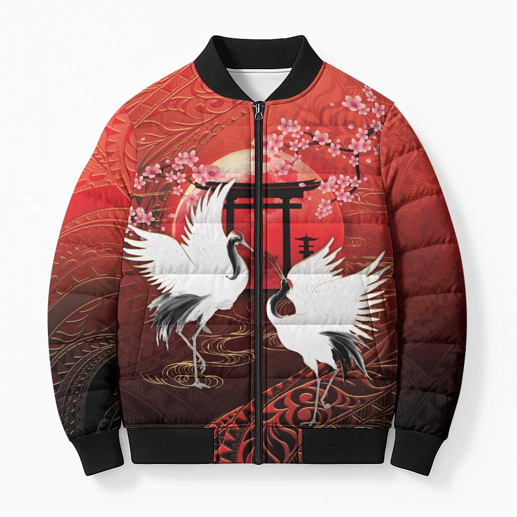 Hawaii and Japan Together Bomber Puffer Jacket Polynesian Art Tattoo With Cranes And Sakura LT05 Unisex Red - Polynesian Pride