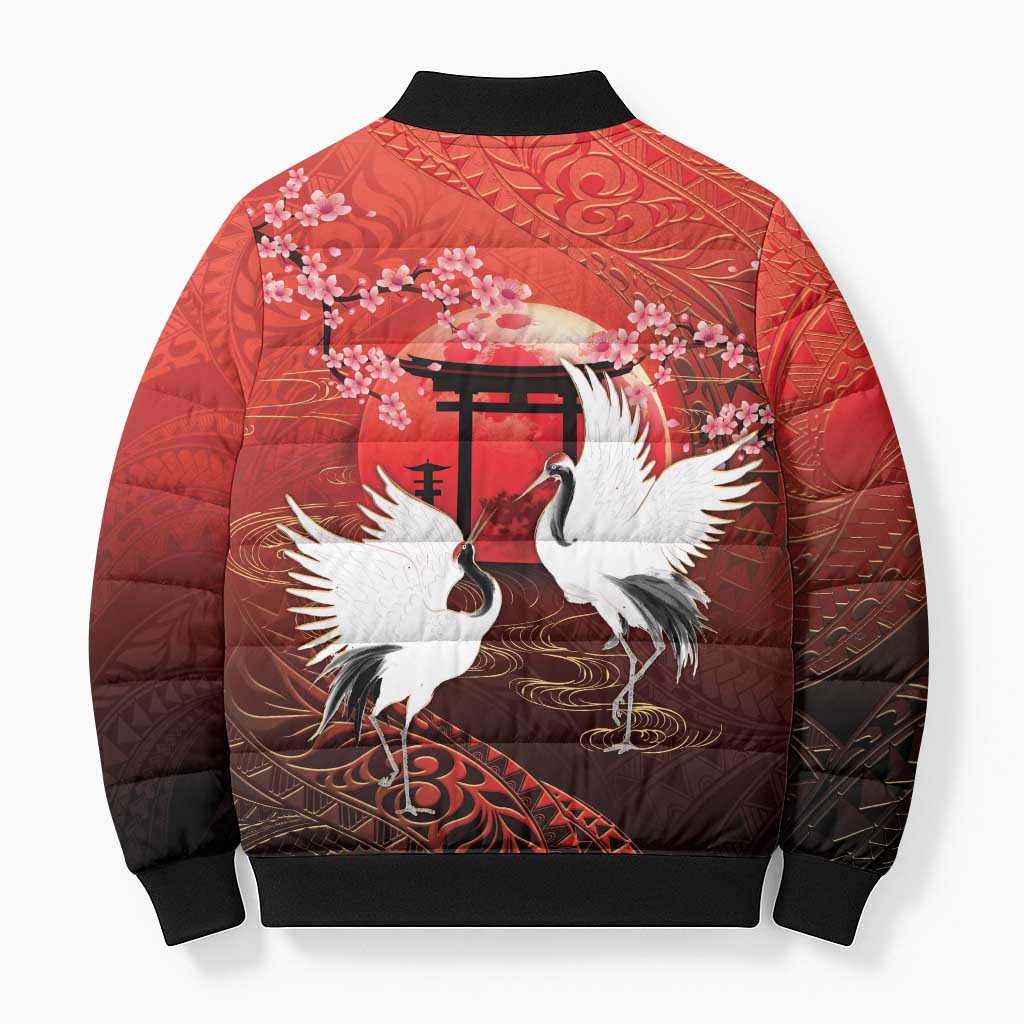 Hawaii and Japan Together Bomber Puffer Jacket Polynesian Art Tattoo With Cranes And Sakura LT05 - Polynesian Pride