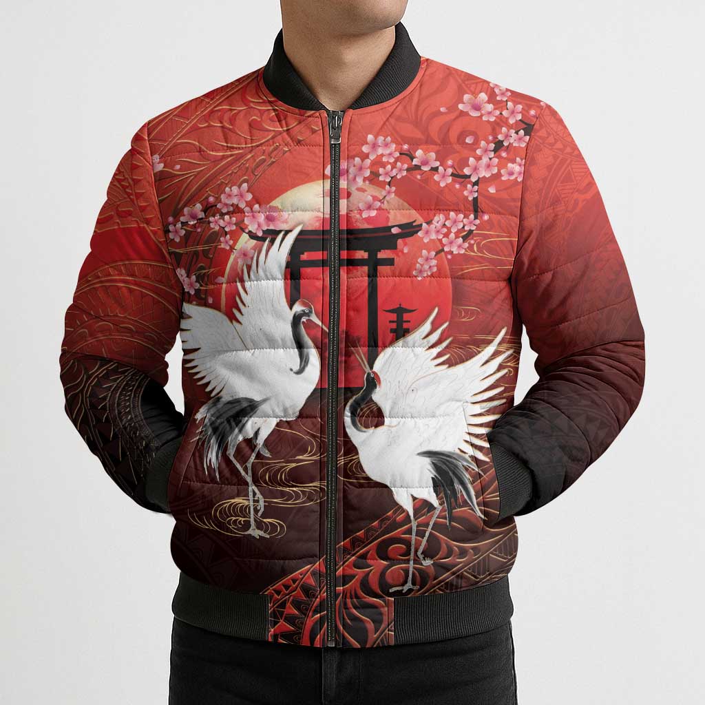 Hawaii and Japan Together Bomber Puffer Jacket Polynesian Art Tattoo With Cranes And Sakura LT05 - Polynesian Pride
