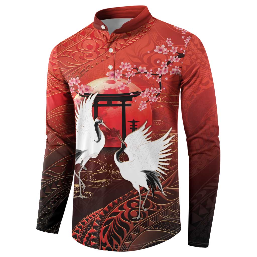 Hawaii and Japan Together Button Sweatshirt Polynesian Art Tattoo With Cranes And Sakura LT05 - Polynesian Pride