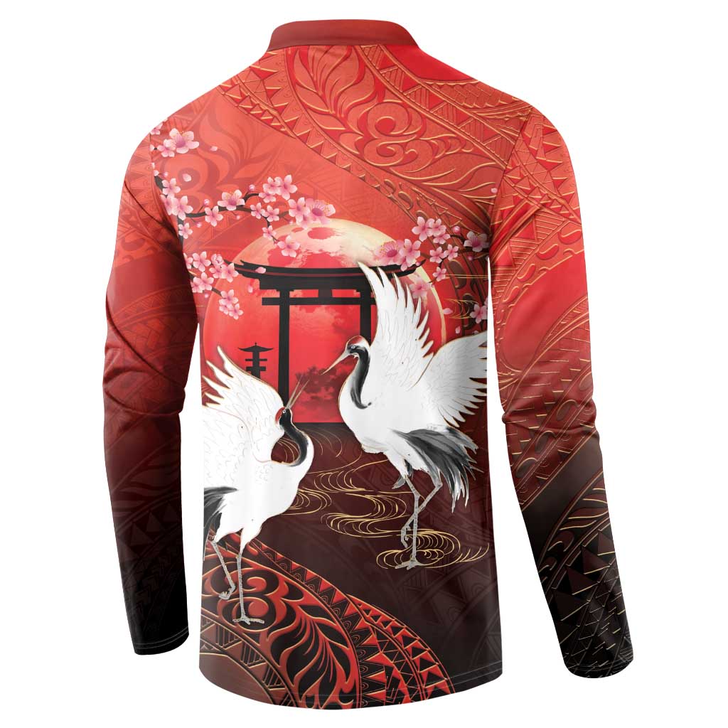 Hawaii and Japan Together Button Sweatshirt Polynesian Art Tattoo With Cranes And Sakura LT05 - Polynesian Pride