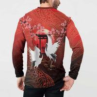 Hawaii and Japan Together Button Sweatshirt Polynesian Art Tattoo With Cranes And Sakura LT05 - Polynesian Pride