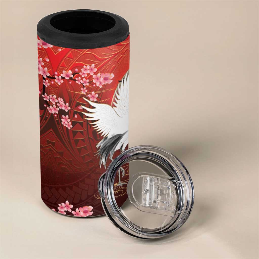 Hawaii and Japan Together 4 in 1 Can Cooler Tumbler Polynesian Art Tattoo With Cranes And Sakura - Polynesian Pride