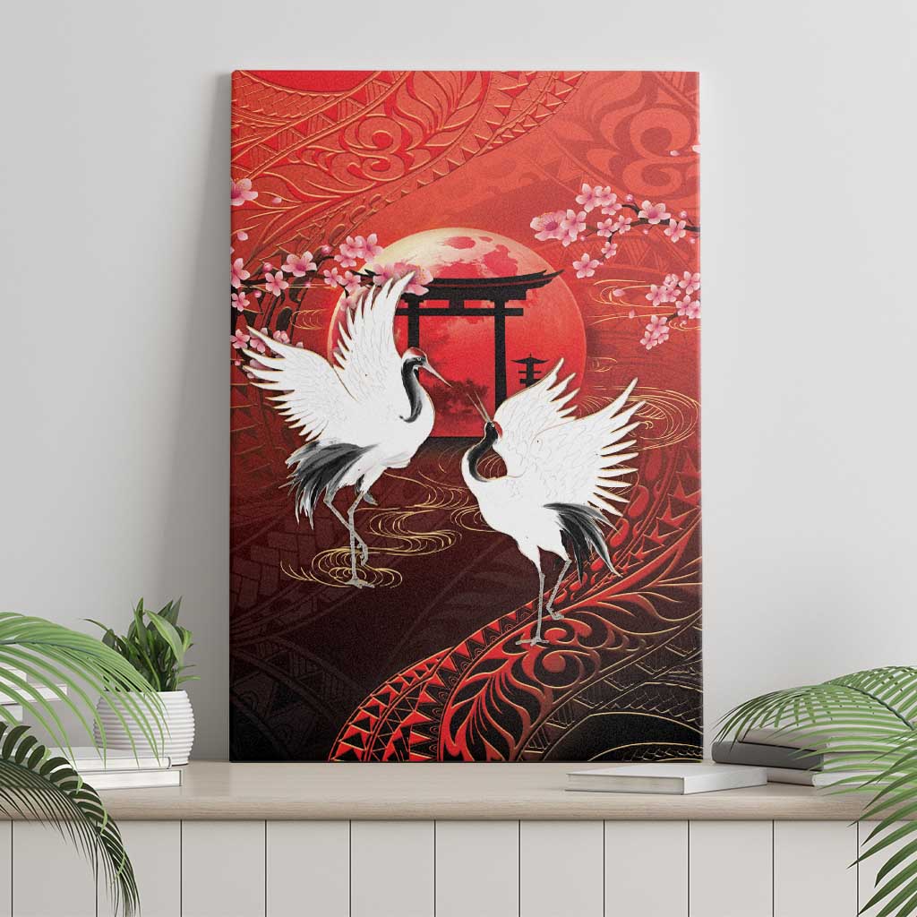 Hawaii and Japan Together Canvas Wall Art Polynesian Art Tattoo With Cranes And Sakura LT05 - Polynesian Pride