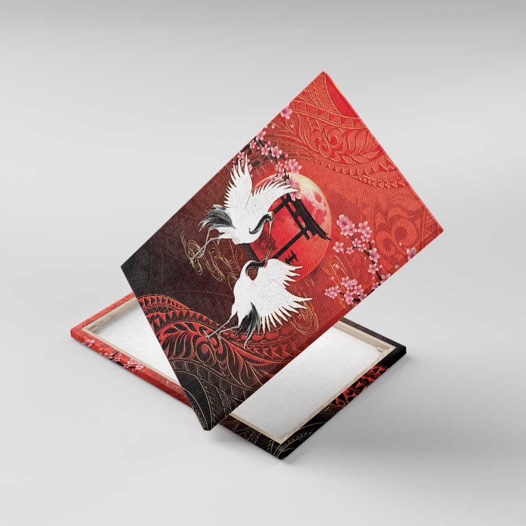 Hawaii and Japan Together Canvas Wall Art Polynesian Art Tattoo With Cranes And Sakura LT05 With Frame Red - Polynesian Pride