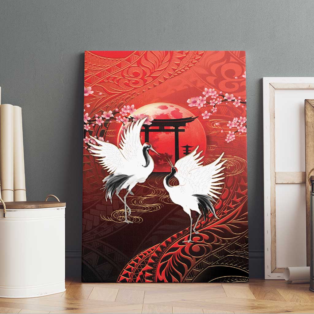 Hawaii and Japan Together Canvas Wall Art Polynesian Art Tattoo With Cranes And Sakura LT05 - Polynesian Pride