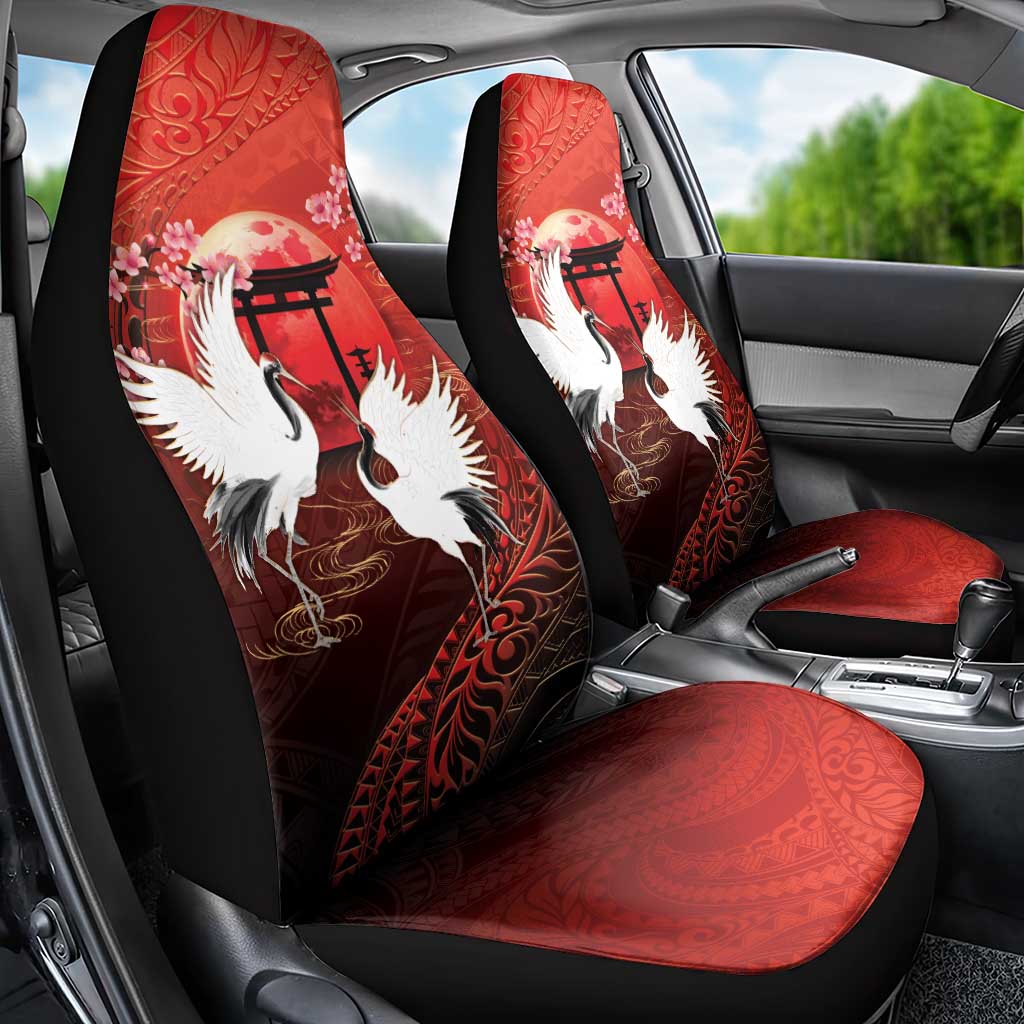 Hawaii and Japan Together Car Seat Cover Polynesian Art Tattoo With Cranes And Sakura - Polynesian Pride