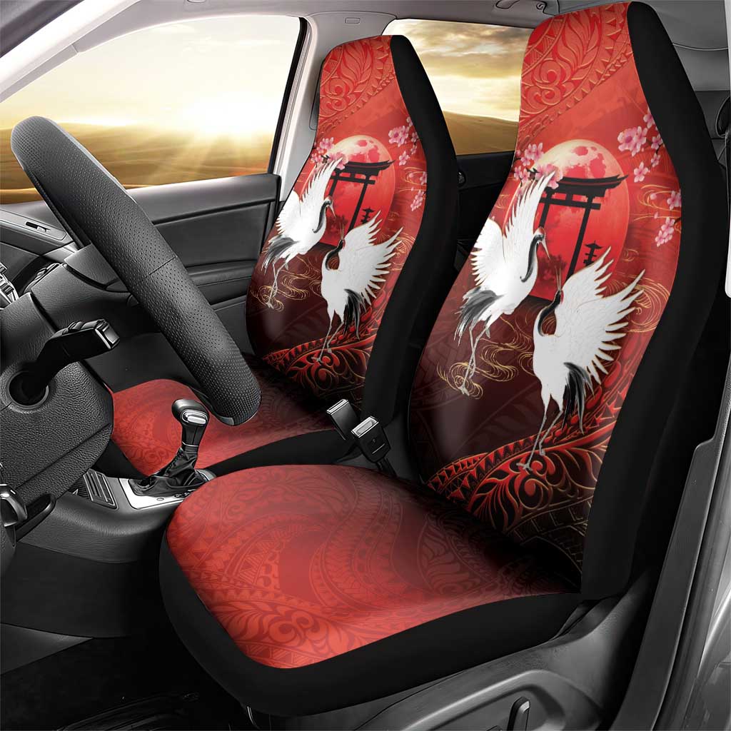 Hawaii and Japan Together Car Seat Cover Polynesian Art Tattoo With Cranes And Sakura - Polynesian Pride