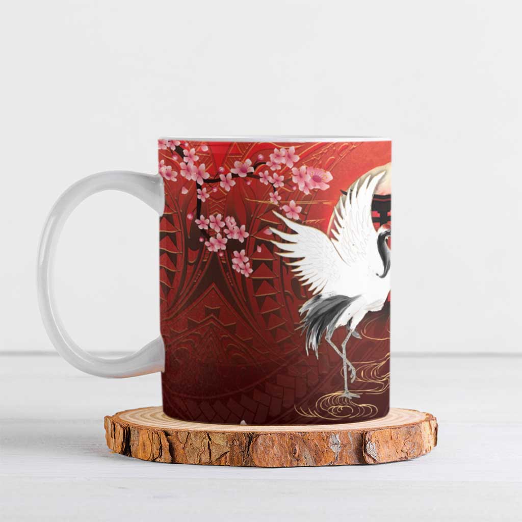 Hawaii and Japan Together Ceramic Mug Polynesian Art Tattoo With Cranes And Sakura LT05 Red - Polynesian Pride