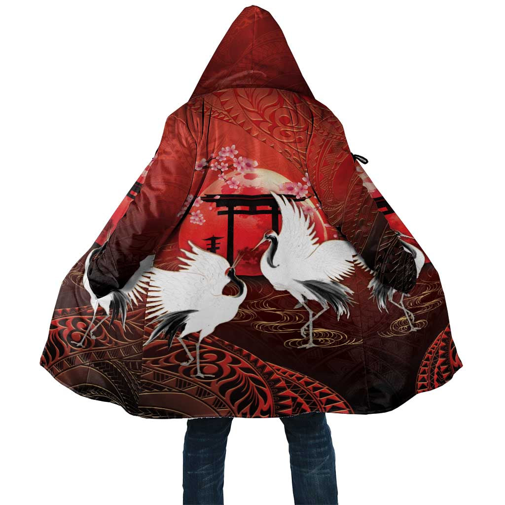 Hawaii and Japan Together Cloak Polynesian Art Tattoo With Cranes And Sakura LT05 Unisex Red - Polynesian Pride