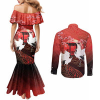 Hawaii and Japan Together Couples Matching Mermaid Dress and Long Sleeve Button Shirt Polynesian Art Tattoo With Cranes And Sakura - Polynesian Pride