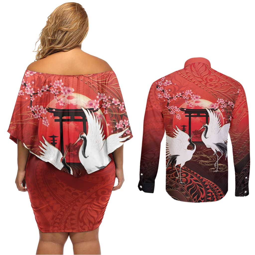 Hawaii and Japan Together Couples Matching Off Shoulder Short Dress and Long Sleeve Button Shirt Polynesian Art Tattoo With Cranes And Sakura - Polynesian Pride