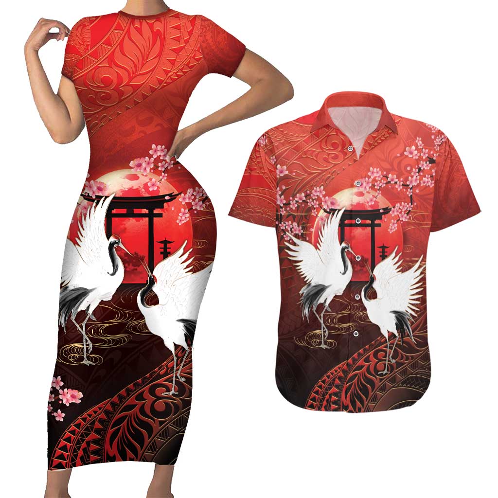 Hawaii and Japan Together Couples Matching Short Sleeve Bodycon Dress and Hawaiian Shirt Polynesian Art Tattoo With Cranes And Sakura - Polynesian Pride