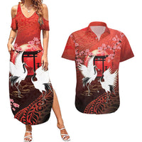 Hawaii and Japan Together Couples Matching Summer Maxi Dress and Hawaiian Shirt Polynesian Art Tattoo With Cranes And Sakura - Polynesian Pride