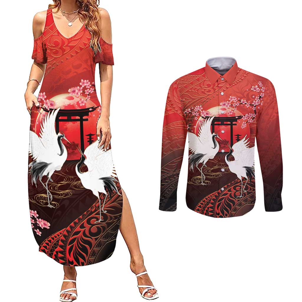 Hawaii and Japan Together Couples Matching Summer Maxi Dress and Long Sleeve Button Shirt Polynesian Art Tattoo With Cranes And Sakura - Polynesian Pride
