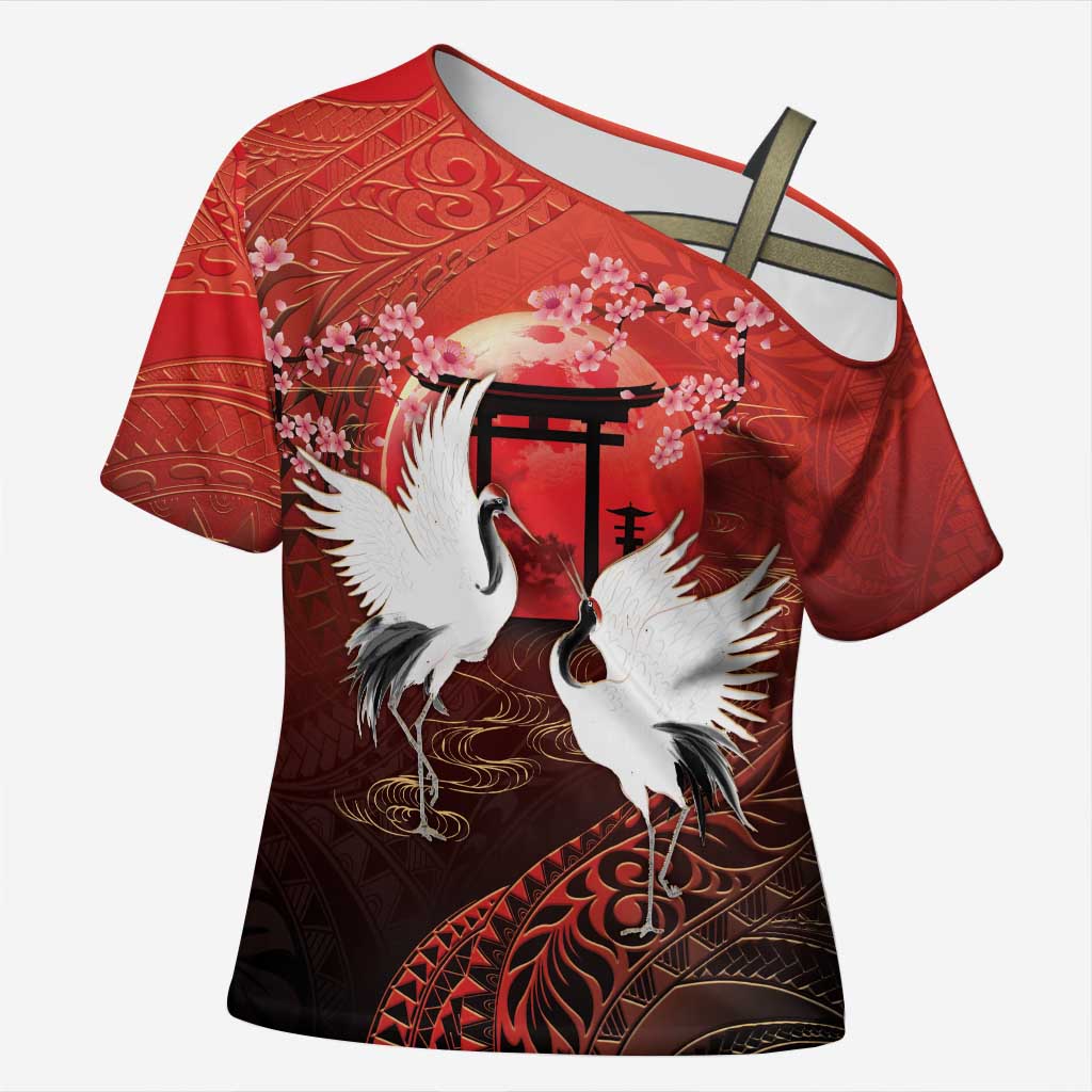 Hawaii and Japan Together Cross Shoulder Shirt Polynesian Art Tattoo With Cranes And Sakura LT05 Female Red - Polynesian Pride
