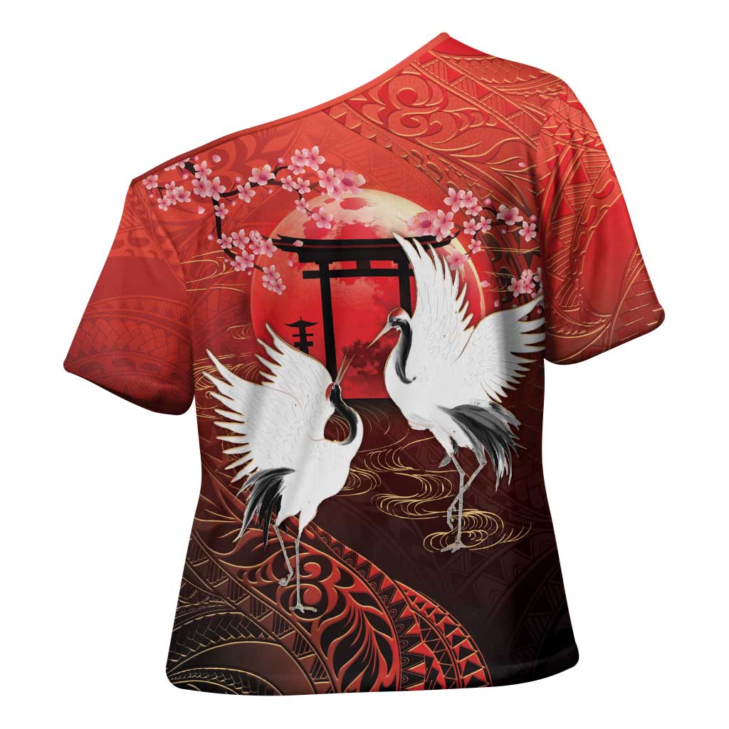 Hawaii and Japan Together Cross Shoulder Shirt Polynesian Art Tattoo With Cranes And Sakura LT05 - Polynesian Pride
