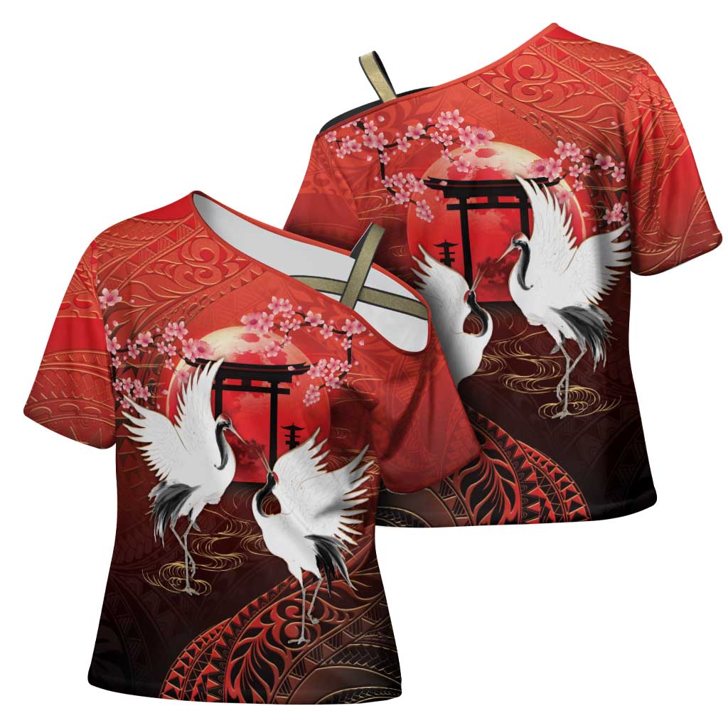 Hawaii and Japan Together Cross Shoulder Shirt Polynesian Art Tattoo With Cranes And Sakura LT05 - Polynesian Pride
